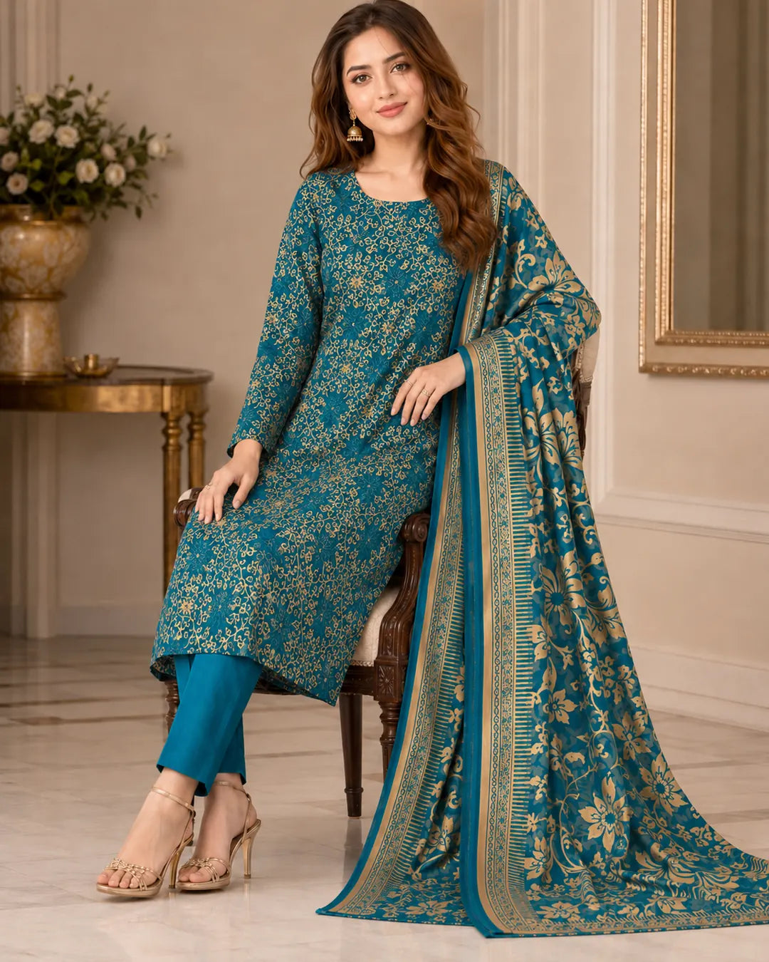 Teal Gold Pure China Pati Silk 3 Piece Unstitched Suit standing model