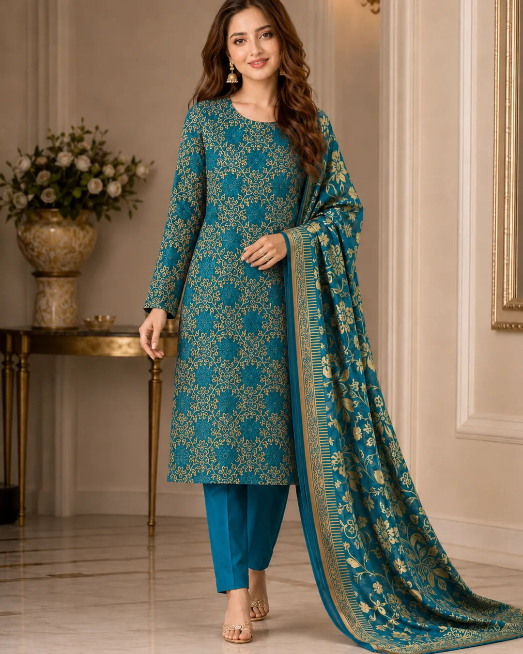Teal Gold Pure China Pati Silk 3 Piece Unstitched Suit seated model