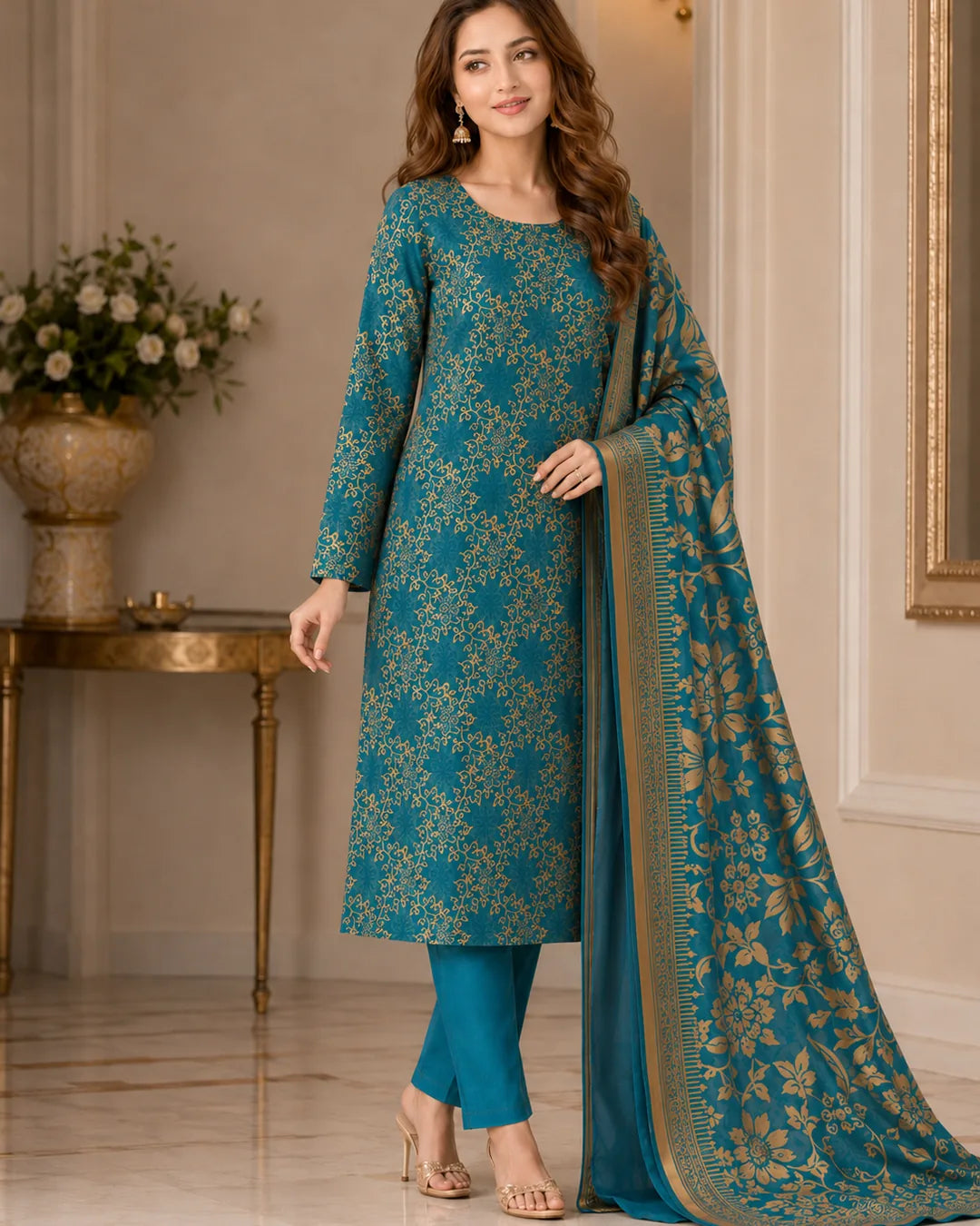 Teal Gold Pure China Pati Silk 3 Piece Unstitched Suit close-up model