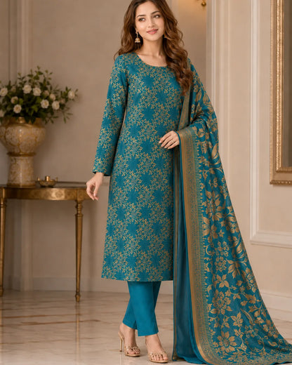 Teal Gold Pure China Pati Silk 3 Piece Unstitched Suit close-up model