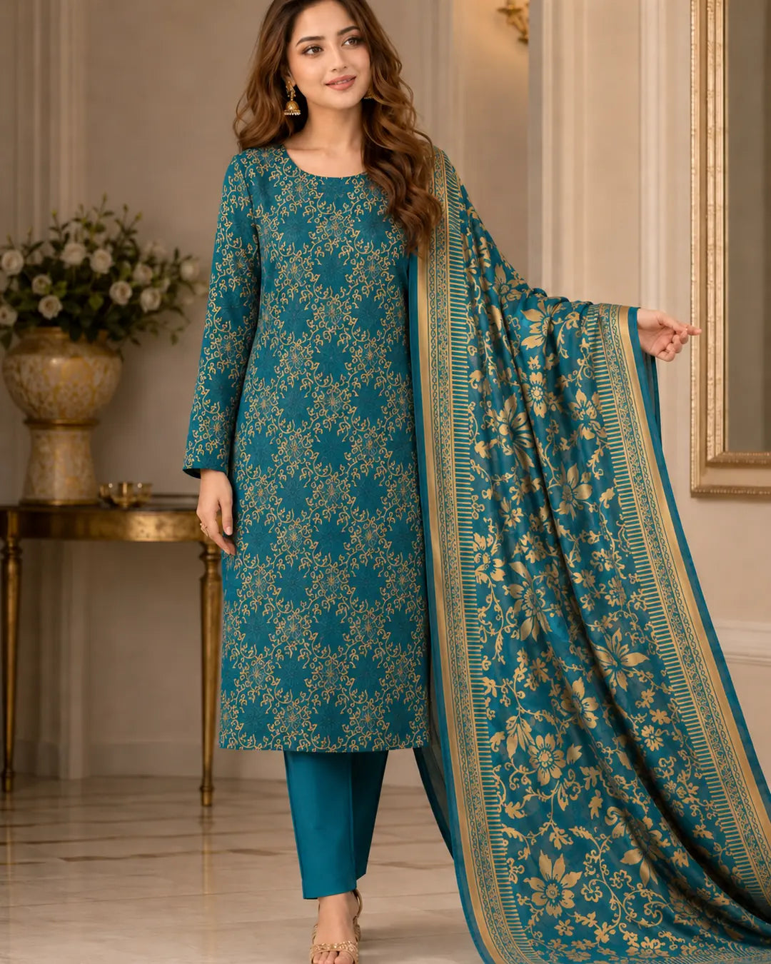 Teal Gold Pure China Pati Silk 3 Piece Unstitched Suit dupatta display