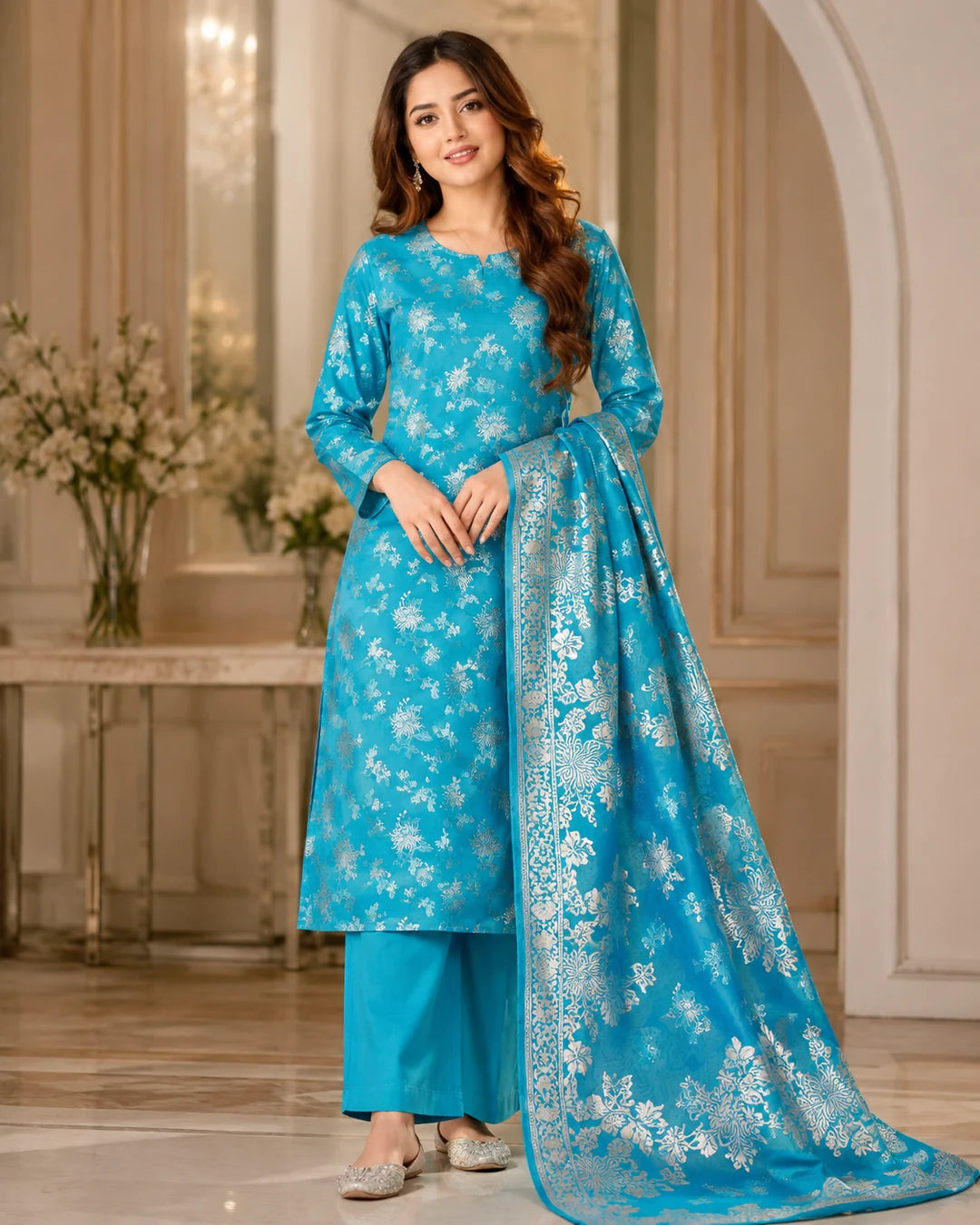 Turquoise Silver Pure China Pati Silk 3 Piece Unstitched Suit full model