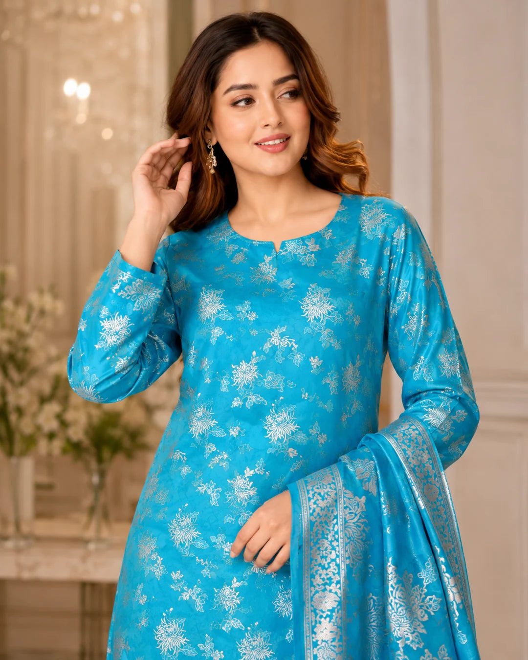 Turquoise Silver Pure China Pati Silk 3 Piece Unstitched Suit seated model