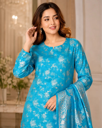 Turquoise Silver Pure China Pati Silk 3 Piece Unstitched Suit seated model