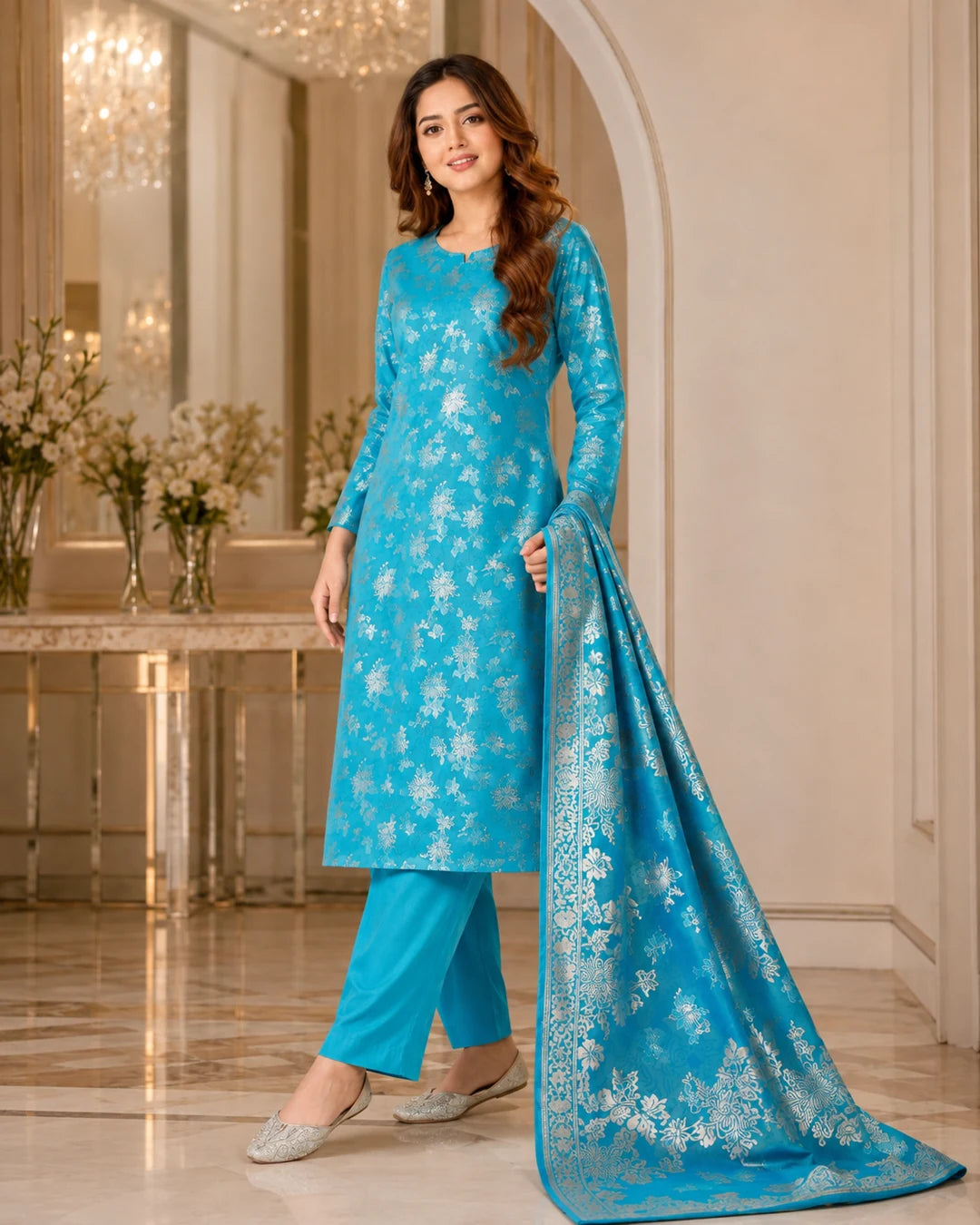 Turquoise Silver Pure China Pati Silk 3 Piece Unstitched Suit dupatta pose