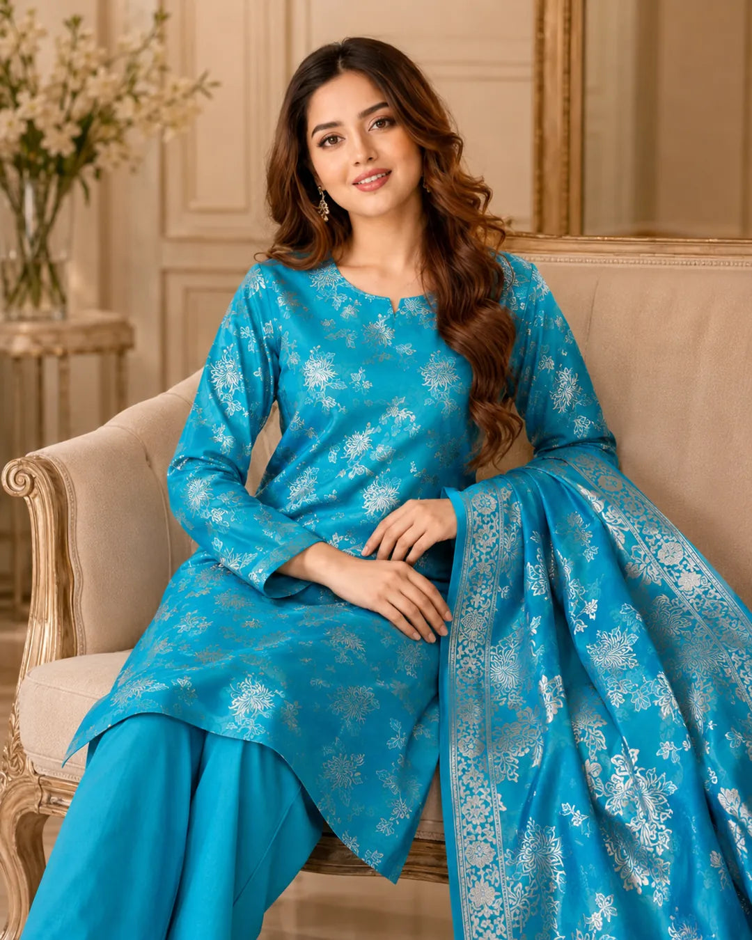 Turquoise Silver Pure China Pati Silk 3 Piece Unstitched Suit close-up model