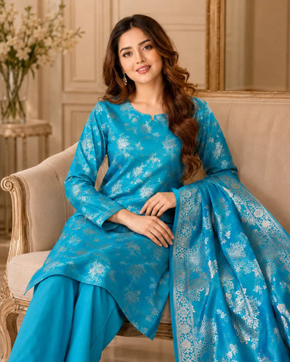 Turquoise Silver Pure China Pati Silk 3 Piece Unstitched Suit close-up model