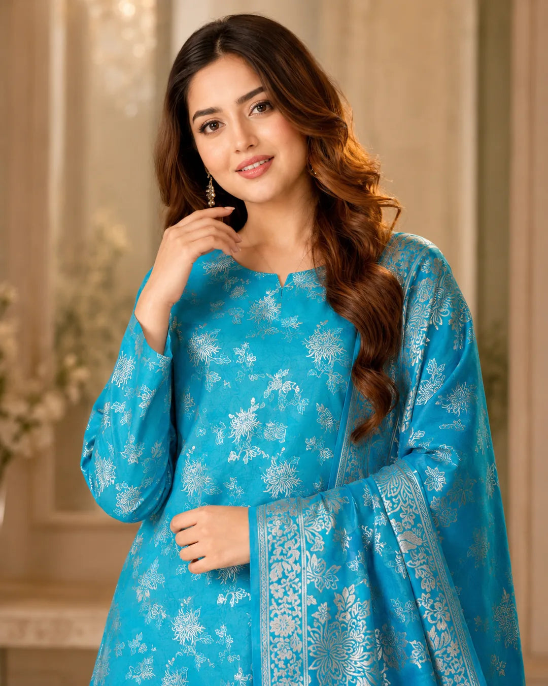 Turquoise Silver Pure China Pati Silk 3 Piece Unstitched Suit detail model