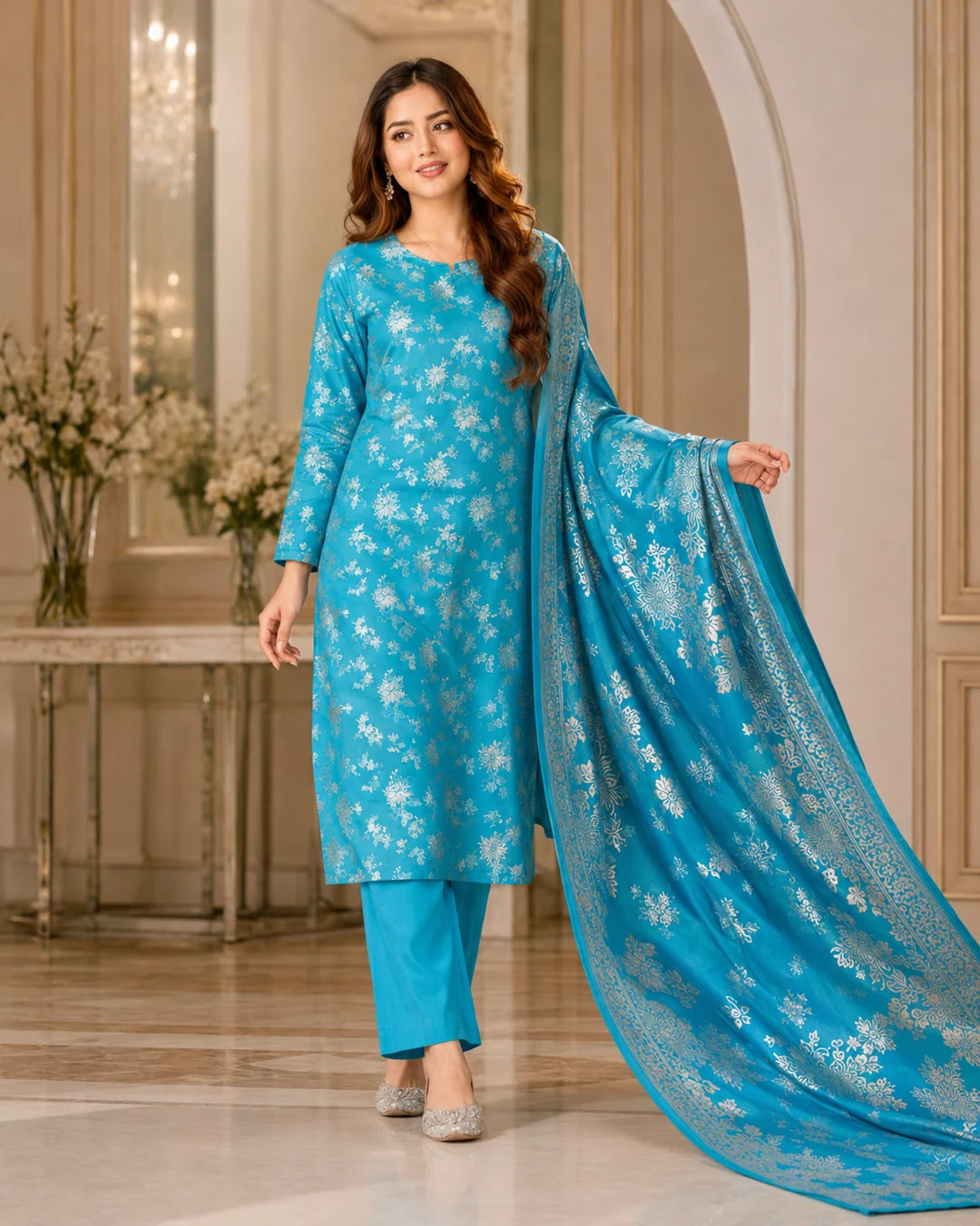 Turquoise Silver Pure China Pati Silk 3 Piece Unstitched Suit standing model